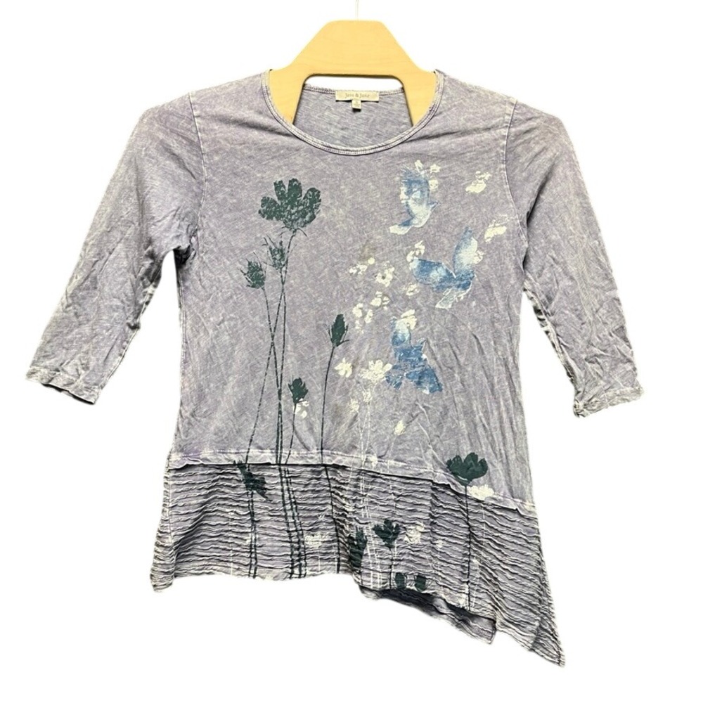 Jess & Jane Womens Small Purple Mineral Wash Floral Butterfly Asymmetrical Top